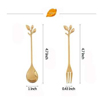 AnSaw 10-Pc Gold Mini Spoons & Forks Set, 4.7" - Stainless Steel, Leaf Handle, Ideal for Coffee,Tea, Appetizers, Tastings, Parties, Charcuterie & Cocktails