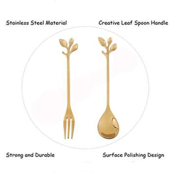 AnSaw 10-Pc Gold Mini Spoons & Forks Set, 4.7" - Stainless Steel, Leaf Handle, Ideal for Coffee,Tea, Appetizers, Tastings, Parties, Charcuterie & Cocktails