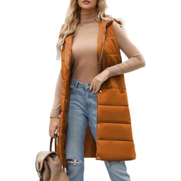 EVALESS Casual Long Puffer Vest Quilted Hooded Fall Fashion Sleeveless Zip Up Jacket Down Vest Winter Warm Lightweight Gilet Coat Outerwear with Pockets Orange Small