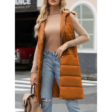 EVALESS Casual Long Puffer Vest Quilted Hooded Fall Fashion Sleeveless Zip Up Jacket Down Vest Winter Warm Lightweight Gilet Coat Outerwear with Pockets Orange Small