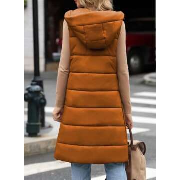 EVALESS Casual Long Puffer Vest Quilted Hooded Fall Fashion Sleeveless Zip Up Jacket Down Vest Winter Warm Lightweight Gilet Coat Outerwear with Pockets Orange Small