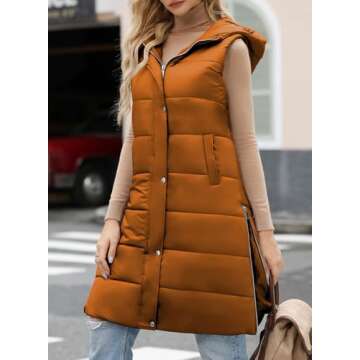 EVALESS Casual Long Puffer Vest Quilted Hooded Fall Fashion Sleeveless Zip Up Jacket Down Vest Winter Warm Lightweight Gilet Coat Outerwear with Pockets Orange Small