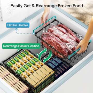 iSPECLE Chest Freezer Organizer - Fit 10 to 20 Cu.FT Freezer, 3 Pack Large Expandable Stackable Deep Freezer Organizer Bins Sort Frozen Food and Easily Get with Handle, Improve Air Circulation, Black