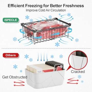 iSPECLE Chest Freezer Organizer - Fit 10 to 20 Cu.FT Freezer, 3 Pack Large Expandable Stackable Deep Freezer Organizer Bins Sort Frozen Food and Easily Get with Handle, Improve Air Circulation, Black