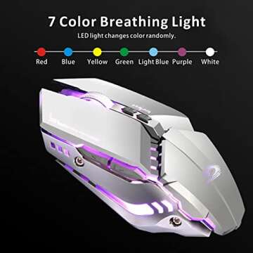 TENMOS T12 Wireless Gaming Mouse Rechargeable, 2.4G Silent Optical Wireless Computer Mice with Changeable LED Light for Laptop PC, 7 Buttons, 3 Adjustable DPI (Silver)