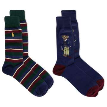 POLO RALPH LAUREN Men's 2-Pack Assorted Polo Bear Dress Sock, Navy Assorted/Boston Commons Bear, 10-13