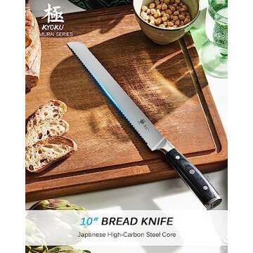 KYOKU 10" Serrated Bread Knife, Samurai Series Serrated Knife for Homemade Bread Pastries with Pakkawood Handle, Japanese High Carbon Steel Cake Knife, Full Tang Bread Cutting Knife with Sheath & Case