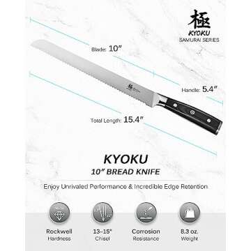 KYOKU 10" Serrated Bread Knife, Samurai Series Serrated Knife for Homemade Bread Pastries with Pakkawood Handle, Japanese High Carbon Steel Cake Knife, Full Tang Bread Cutting Knife with Sheath & Case