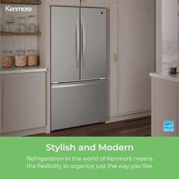 Kenmore 46-75525 29.88 Inch Counter-Depth French Door Refrigerator/Freezer with Fingerprint-Resistant Stainless Steel, Ice Maker, Quiet and Energy Efficient Inverter Compressor, 17.5 cu. ft.