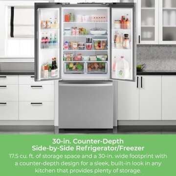 Kenmore 46-75525 29.88 Inch Counter-Depth French Door Refrigerator/Freezer with Fingerprint-Resistant Stainless Steel, Ice Maker, Quiet and Energy Efficient Inverter Compressor, 17.5 cu. ft.