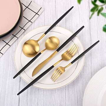 Matte Gold Silverware Set with Black Handles