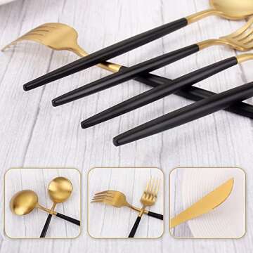 Matte Gold Silverware Set with Black Handles