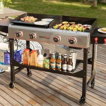 Royal Gourmet GD403 4-Burner Propane Gas Grill and Griddle Combo with Folding Legs, 48,000 BTUs, Portable Griddle Grill Combo for Outdoor Cooking While Camping or Tailgating, Black & Silver