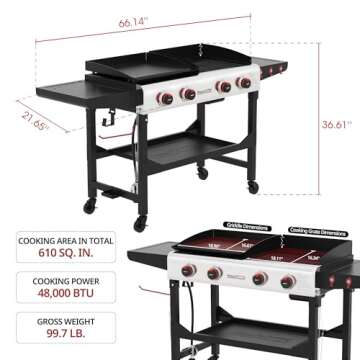 Royal Gourmet GD403 4-Burner Propane Gas Grill and Griddle Combo with Folding Legs, 48,000 BTUs, Portable Griddle Grill Combo for Outdoor Cooking While Camping or Tailgating, Black & Silver