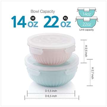 ZEN Pleats Porcelain Serve and Store Airtight Container 14&22oz Bowls Set of 2 (Mixed Color)