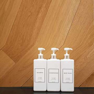 HARRA HOME Modern Gold Design Pump Bottle Set 27 oz Refillable Shampoo and Conditioner Dispenser Empty Shower Plastic Bottles with Pump for Bathroom Lotion Body wash, Pack of 3 (White & Silver)