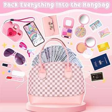 Oisacirg Play Purse for Little Girls, 35PCS Toddler Purse with Pretend Makeup for Toddlers, Princess Toys Includes Handbag, Phone, Wallet, Camera, Keys, Kids Purse Birthday Gift for Girls Age 3 4 5 6+