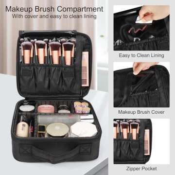 Relavel Travel Makeup Train Case Makeup Cosmetic Case Organizer Portable Artist Storage Bag with Adjustable Dividers for Cosmetics Makeup Brushes Toiletry Jewelry Digital Accessories Black