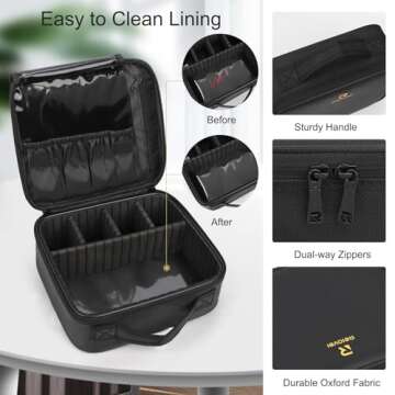 Relavel Travel Makeup Train Case Makeup Cosmetic Case Organizer Portable Artist Storage Bag with Adjustable Dividers for Cosmetics Makeup Brushes Toiletry Jewelry Digital Accessories Black