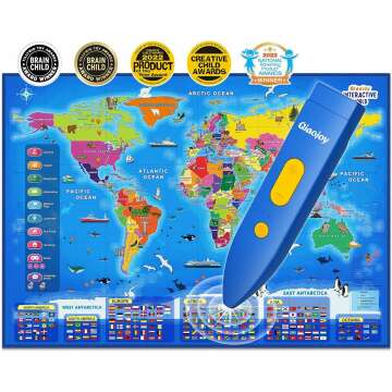 Bilingual Interactive World Map for Kids Learning and Educational Toys, Talking Electronic Kids World Map i-Poster Geography Games Ages 3 to 12 Years Old, Custom Talking Birthday Gifts Card