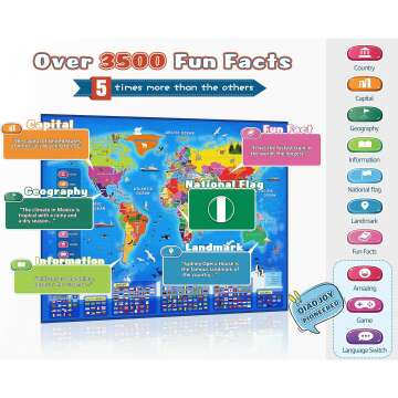 Bilingual Interactive World Map for Kids Learning and Educational Toys, Talking Electronic Kids World Map i-Poster Geography Games Ages 3 to 12 Years Old, Custom Talking Birthday Gifts Card