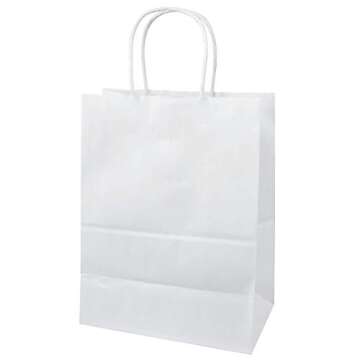 Flexicore Packaging 8"x4.75"x10" - 100 Pcs White Kraft Paper Bags, Shopping, Merchandise, Party, Gift Bags