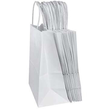 Flexicore Packaging 8"x4.75"x10" - 100 Pcs White Kraft Paper Bags, Shopping, Merchandise, Party, Gift Bags