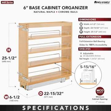 Rev-A-Shelf 6.5" Pullout Kitchen Cabinet Storage Organizer Slide Out Pantry Spice Rack with Adjustable Shelves, Natural Maple, 448-BC-6C