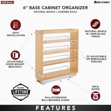 Rev-A-Shelf 6.5" Pullout Kitchen Cabinet Storage Organizer Slide Out Pantry Spice Rack with Adjustable Shelves, Natural Maple, 448-BC-6C