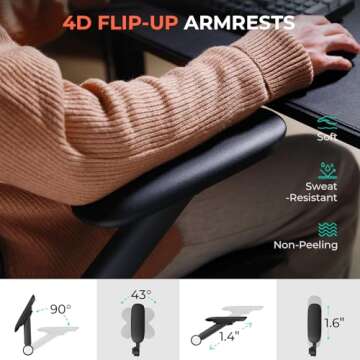 CAPOT Ergonomic Mesh Office Chair, Adjustable Lumbar High Back Desk Chair 400lbs, 4D Flip-up Arms, 3-Level Tilt Backrest, 3D Headrest, PU Wheels, Swivel Rolling Computer Chair for Long Desk Work