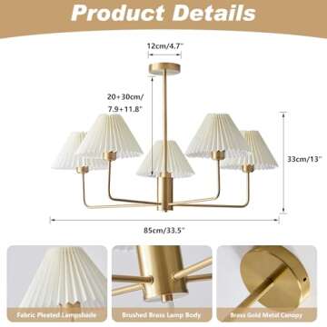 KCO Lighting 5-Lights White Pleated Fabric Pendant Light Mid Century Modern Brushed Gold Sputnik Chandelier Traditional Dining Living Room Chandelier Above Dining Table