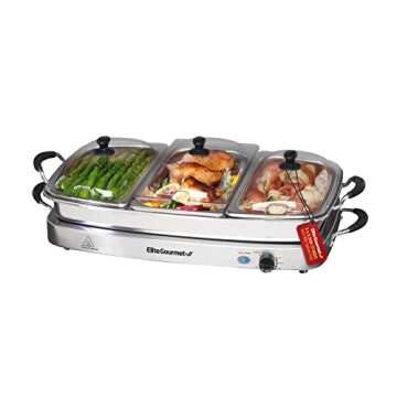 Elite Gourmet EWM-9933 Triple 3 x 2.5 Quart Trays Buffet Server 7.5 Qt Oven Safe Pan Food Warmer, Temperature Control, Clear Slotted Lids, Perfect for Parties, Entertaining & Holidays, Stainless Steel