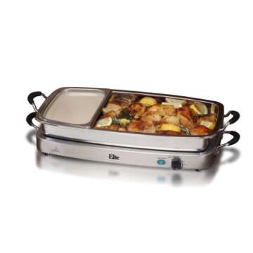 Elite Gourmet EWM-9933 Triple 3 x 2.5 Quart Trays Buffet Server 7.5 Qt Oven Safe Pan Food Warmer, Temperature Control, Clear Slotted Lids, Perfect for Parties, Entertaining & Holidays, Stainless Steel