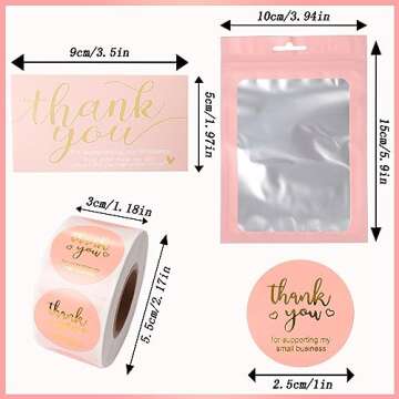 620Pcs Thank You Business Cards Stickers Set Gold Foil Include 100 Thank You Business Card 500 Thank You for Supporting My Small Business Stickers 20 Resealable Packaging Bags Suitable Owners (Pink)