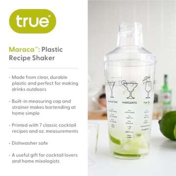 True Maraca Cocktail Recipe Shaker with Cap and Built In Strainer, 7 Drink Recipes with Measurements, Home Bar Accessories, Drink Mixer Handheld Bar Set, 16 oz.