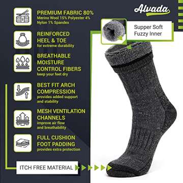 Alvada Mens Merino Wool Crew Socks Thermal and Warm Socks for Winter Work Hiking Running 3 Pairs XSS