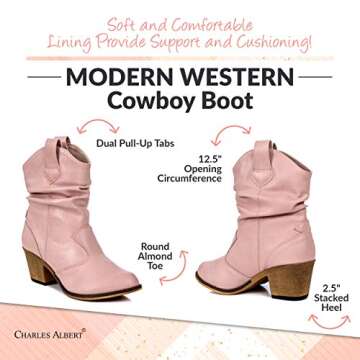 Charles Albert Modern Western Cowboy Boots for Women Ladies Stacked Heel Ankle Cowgirl Boots with Pull-Up Tabs in Blush Size 7