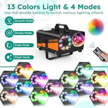 Fog Machine, Smoke Machine with Disco Ball Lights, 600W Power and 3000CFM Fog Output Fog Machine with 13 Colors LED Lights Wireless Remote Control Perfect for Parties, Wedding, Birthday, DJ Stage