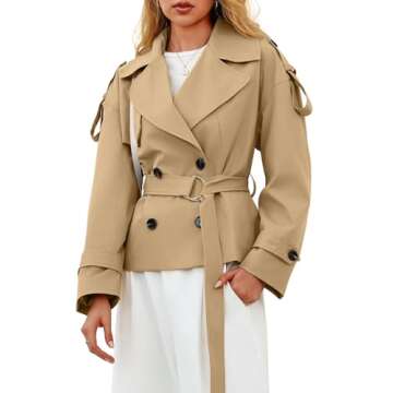 Tankaneo Womens Cropped Trench Coat Casual Double Breasted Short Jacket Fall Fashion Outerwear with Belt