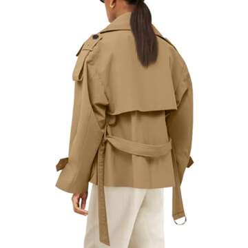 Tankaneo Womens Cropped Trench Coat Casual Double Breasted Short Jacket Fall Fashion Outerwear with Belt