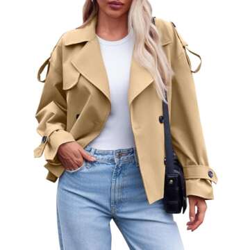 Tankaneo Womens Cropped Trench Coat Casual Double Breasted Short Jacket Fall Fashion Outerwear with Belt