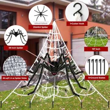 Giant Halloween Decorations Outdoor Set,197" Triangle Spider Webs Halloween with 59" Giant Spider,86 Sqft Stretchy Spider Webs,20 Fake Spiders,Halloween Party Decorations for Yard Haunted House Decor