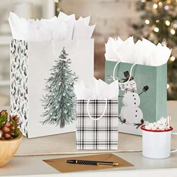 Hallmark Christmas Gift Bag Assortment (8 Bags: 3 Small 6", 3 Medium 9", 2 Large 13") White and Sage Green with Rustic Snowman, Plaid, Evergreen Tree for Christmas, Winter Weddings, Birthdays