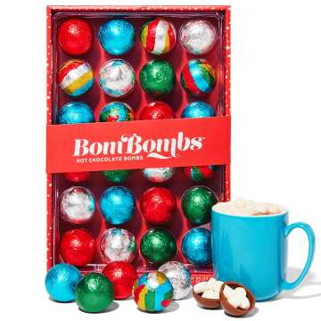 Bombombs, Hot Chocolate Bomb Gift Set, 5 Flavors in Holiday Wrappers; Fudge Brownie, Caramel Candy, S'Mores, Cookies & Cream, & Peppermint, Set of 24