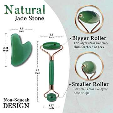 Jade Roller for Face and Gua Sha Scraping Tool Kit with Carry Pouch - Natural Stone Anti Aging Beauty Facial Massage Set - Beautiful Skin Detox Helps Reduce Wrinkles, Puffy Eyes, Fine Lines