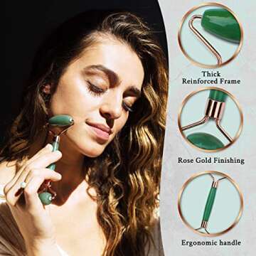 Jade Roller for Face and Gua Sha Scraping Tool Kit with Carry Pouch - Natural Stone Anti Aging Beauty Facial Massage Set - Beautiful Skin Detox Helps Reduce Wrinkles, Puffy Eyes, Fine Lines