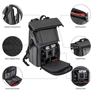 GEEKOTO Camera Backpack: DSLR SLR Large Capacity Camera Bag-Waterproof Camera Case with Tripod Holder&16-inch Laptop Compartment, Compatible with Sony/Canon/Nikon Camera, Gray