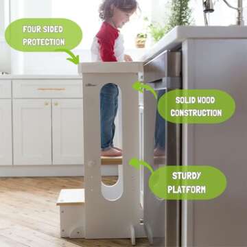 Little Partners Learning Tower Toddler Tower Foldable Step, Explore 'N Store Folding Toddler Tower Montessori Kitchen Tower for Cooking, 22.28" L x 19.56" W x 33.50" H, Ages 2 to 6 (White w/Natural)