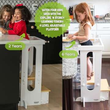 Little Partners Learning Tower Toddler Tower Foldable Step, Explore 'N Store Folding Toddler Tower Montessori Kitchen Tower for Cooking, 22.28" L x 19.56" W x 33.50" H, Ages 2 to 6 (White w/Natural)