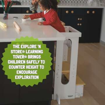 Little Partners Learning Tower Toddler Tower Foldable Step, Explore 'N Store Folding Toddler Tower Montessori Kitchen Tower for Cooking, 22.28" L x 19.56" W x 33.50" H, Ages 2 to 6 (White w/Natural)